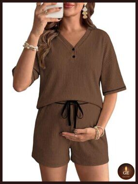 Maternity Nursing Pajama Set V Neck Short Sleeve Button Shorts Soft Pj Set